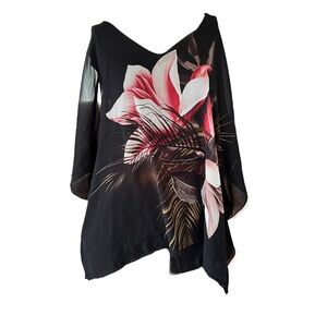 Cleo Black Floral Chiffon Overlay Blouse Sheer Dolman Batwing Sleeve Size Large